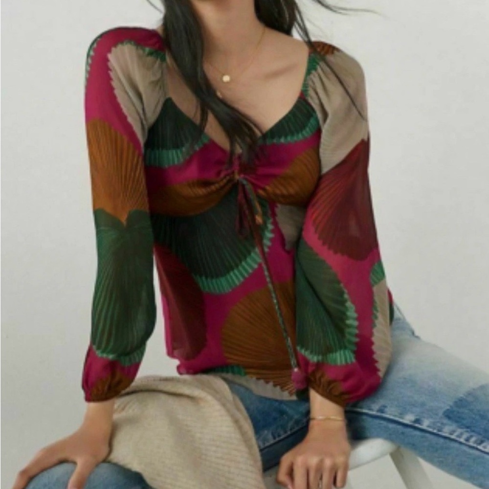 Farm Rio Katalina Print Balloon Sleeve Blouse XS Colorful NWOT